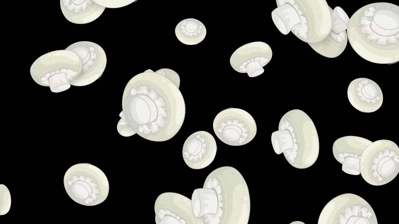Funghi champignon bianchi stilizzati cadono e ruotano su uno sfondo nero uniforme al rallentatore.