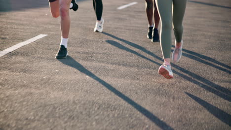 people, legs and running on road in fitness