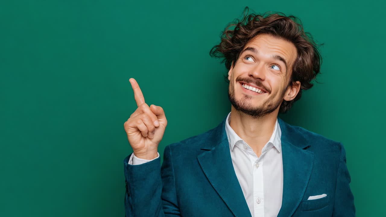 En glad mand i et stilfuldt jakkesæt udtrykker glæde, mens han peger med et smil mod en levende grøn baggrund.
