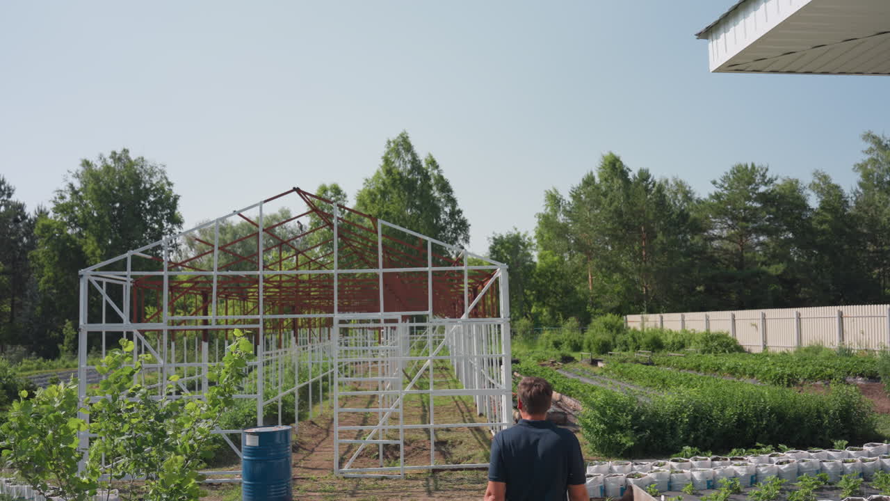 Farmer walking toward farm carrying wooden crate past greenhouse frame and wheelbarrow on sunny day, grass and plants around, looking ahead