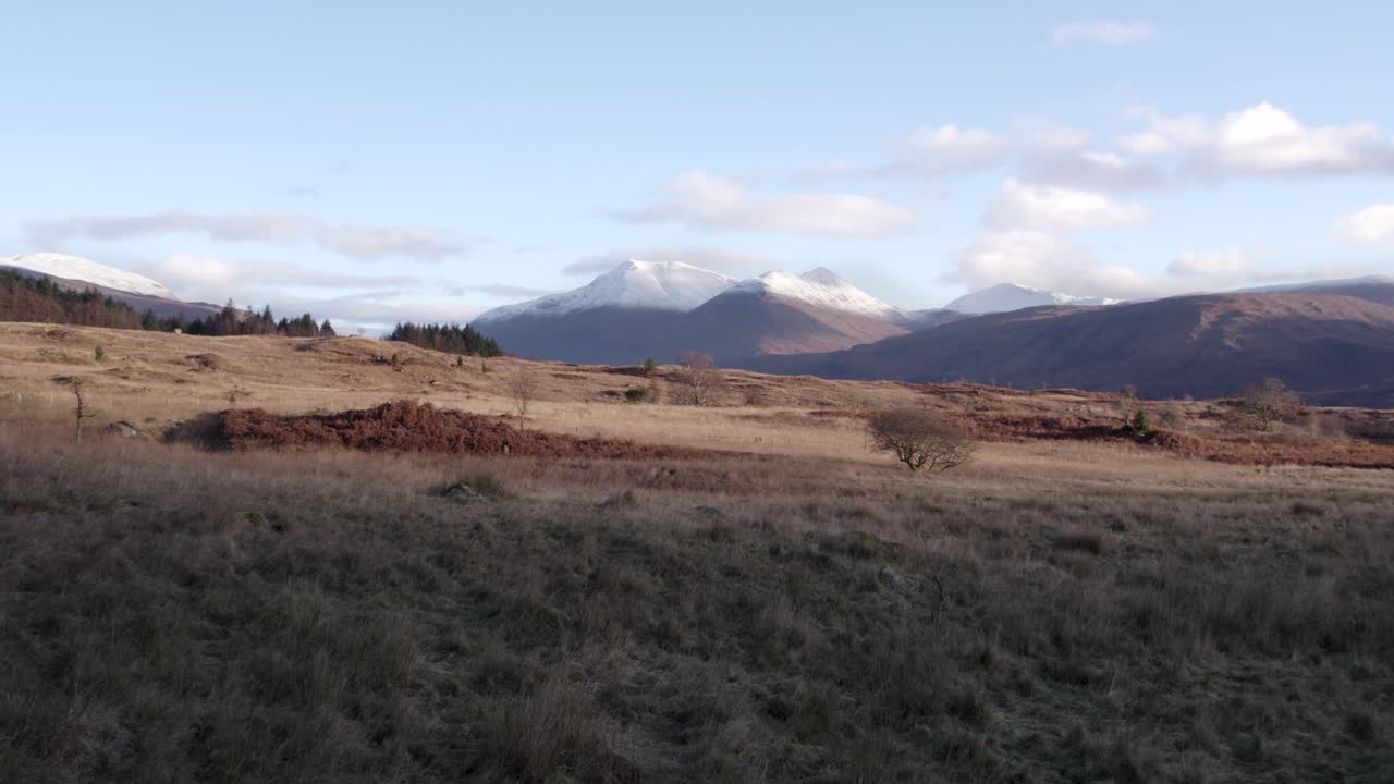 imágenes aéreas de drones volando bajo y cerca de helechos y páramos hacia glen etive y loch etive en las tierras altas de escocia con montañas nevadas, un bosque y agua tranquila a la luz de la mañana