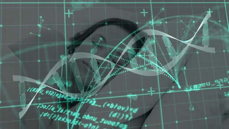 Woman lying flat with head on hand in science simulation, showing DNA helix, code and grid
