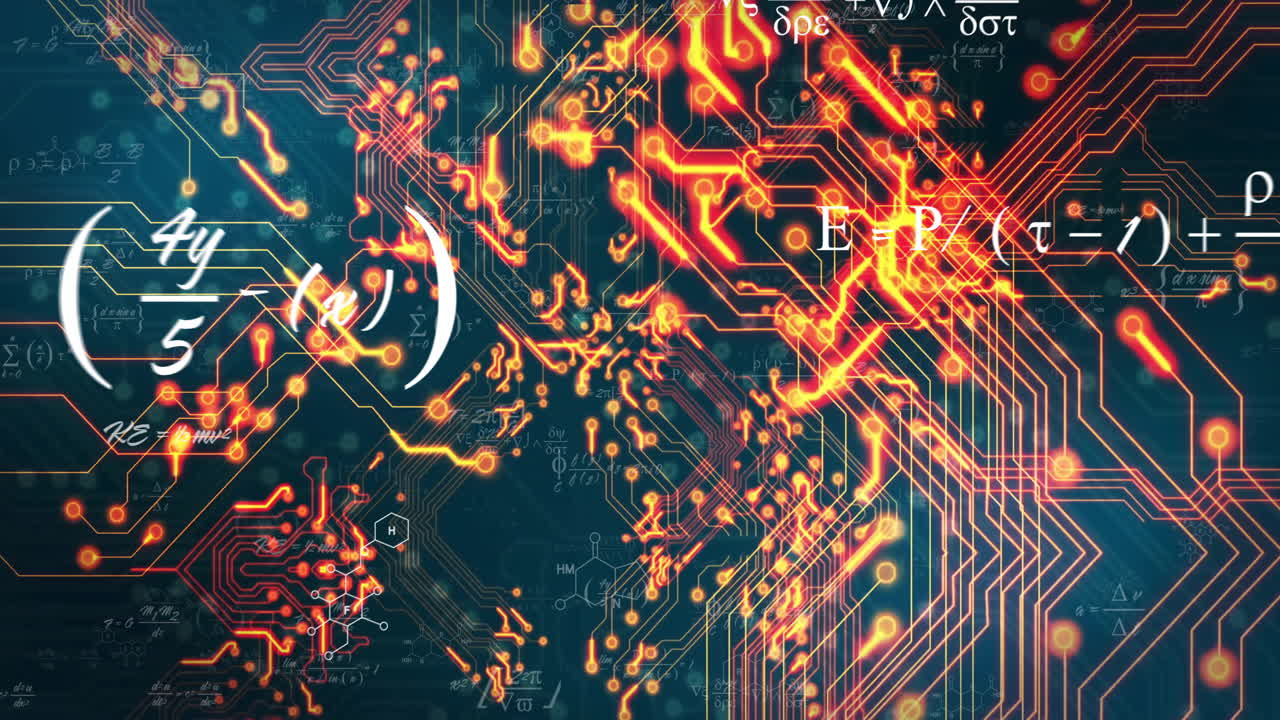Mathematical equations and circuit board with glowing nodes, technology animation