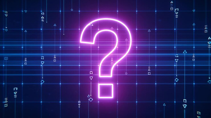 Appearing magenta neon question mark pulsing on cyan grid with blue lines and glyphs signaling data