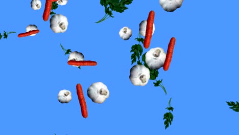 parsley, garlic and carrots falling group vegetables , chroma key loop