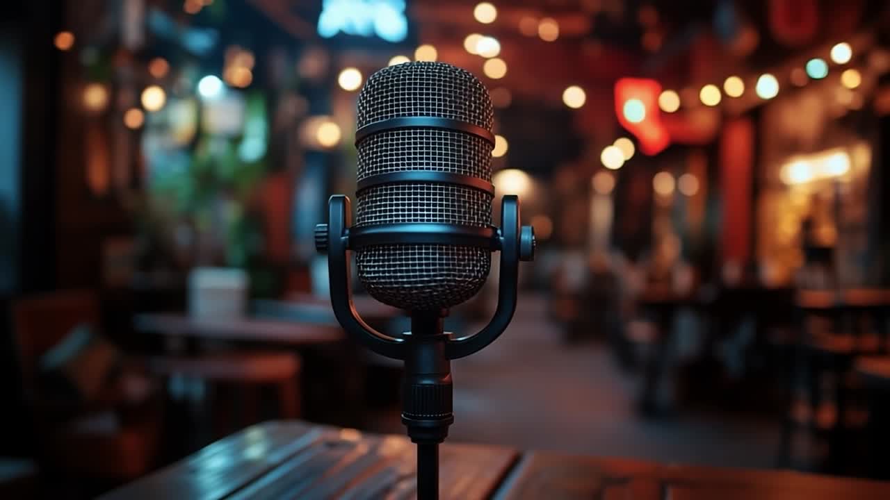 Microphone on a table in a lively venue. A vintage microphone stands on a wooden table in a bustling cafe during the evening, surrounded by warm lights.