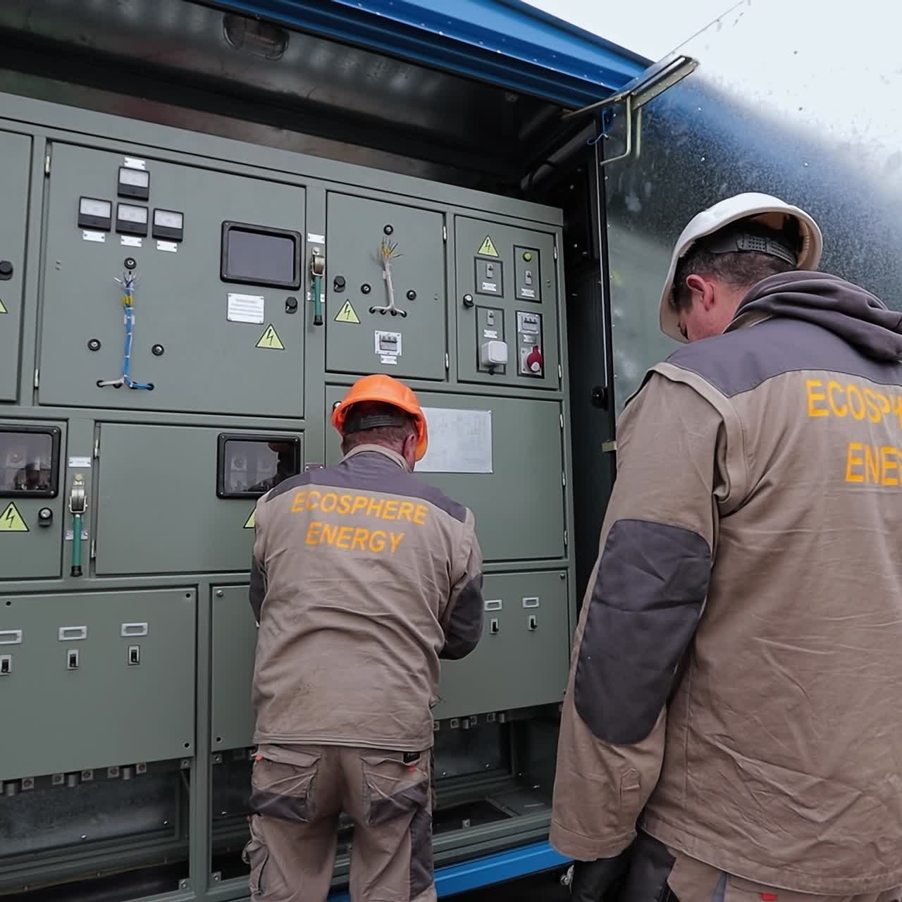 Electricity enginering specialists installing electric supply construction. Technician engineer builders