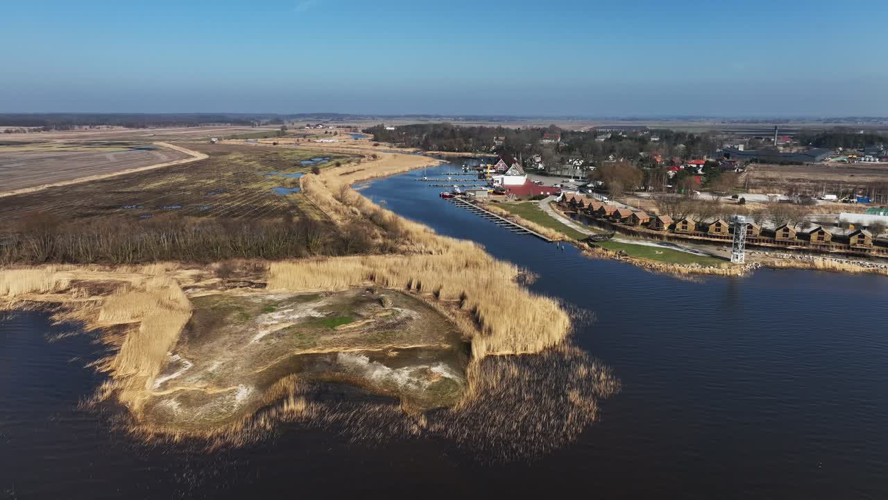 Panoramic view of the small boat harbor of Dreverna town. Europe, Lithuania.