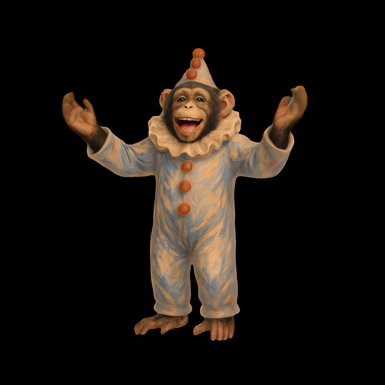 Illustrazione animata di costume da clown di scimpanzé come risorsa isolata, video 4K trasparente, canale alfa