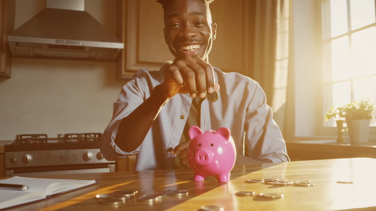 Young Man Saving Money in a Piggy Bank