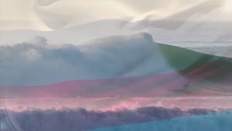composición digital de ondear la bandera de rusia contra la vista aérea de las olas en el mar