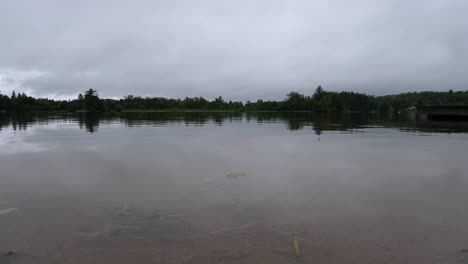 low angle lake on overcast rainy day - heavy clouds and trees with calm waters