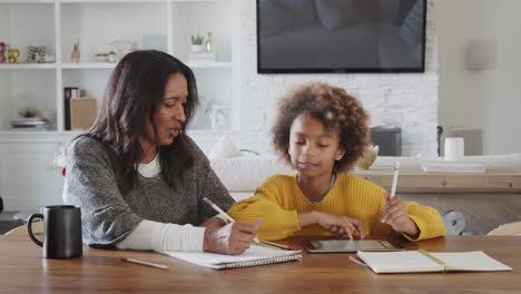 Middle-aged-woman-sitting-at-dining-table-talking-and-working-with-her-granddaughter,-zoom-in