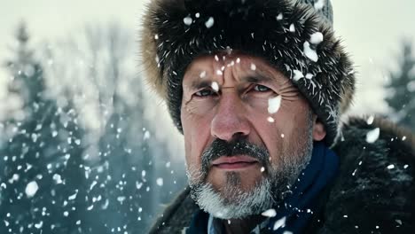 portrait captures a serious hunter standing in a snowy forest. snowflakes fall gently on his face, highlighting a determined expression amidst the tranquil winter landscape