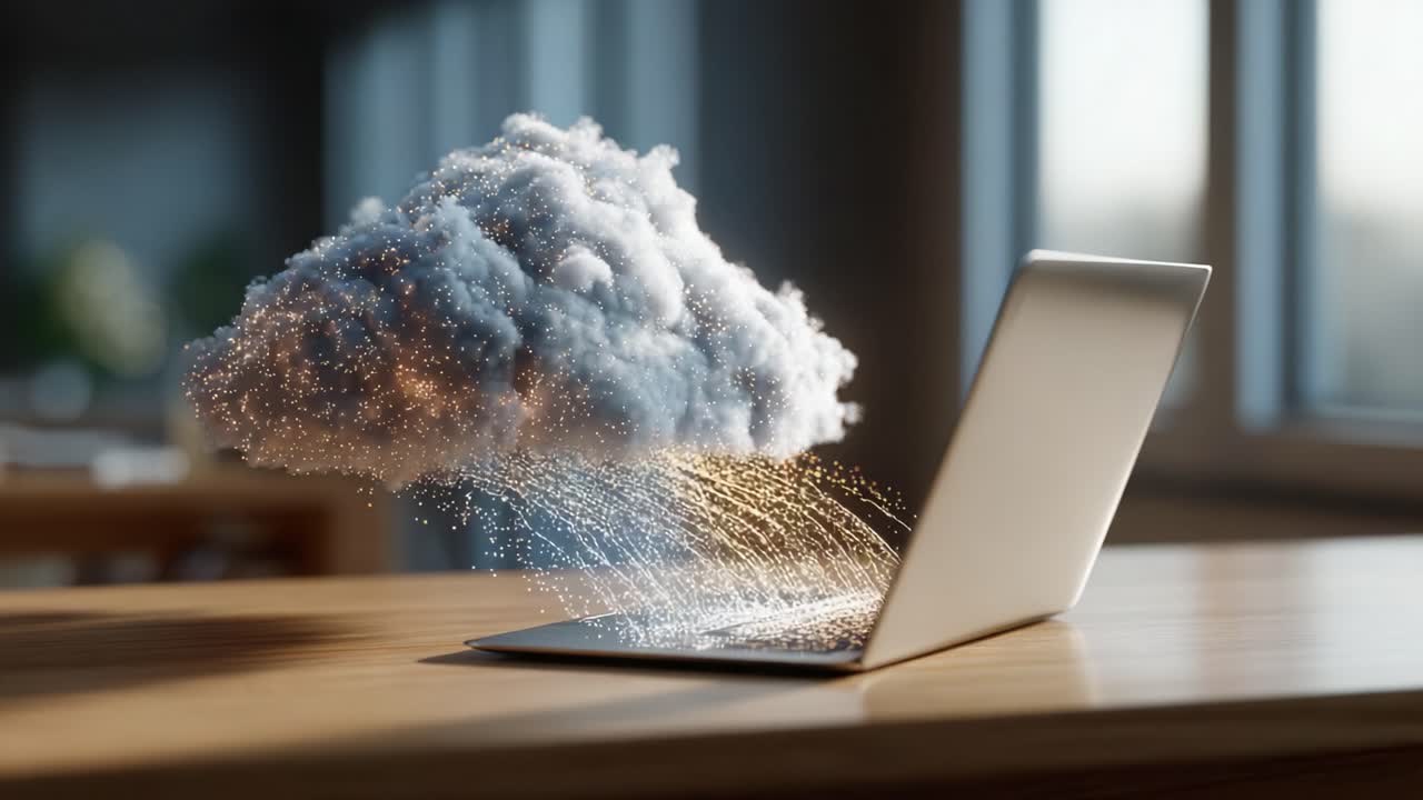A Cloud Computing Visual Representation: Transforming Data with a Dramatic Display of Light and Particle Effects Above a Laptop on a Wooden Surface