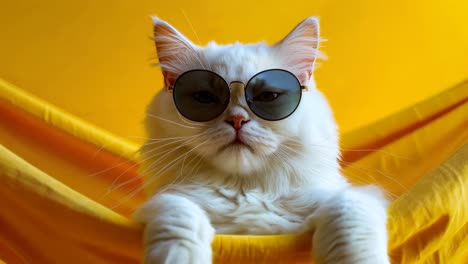 a white cat wearing sunglasses laying in a hammock