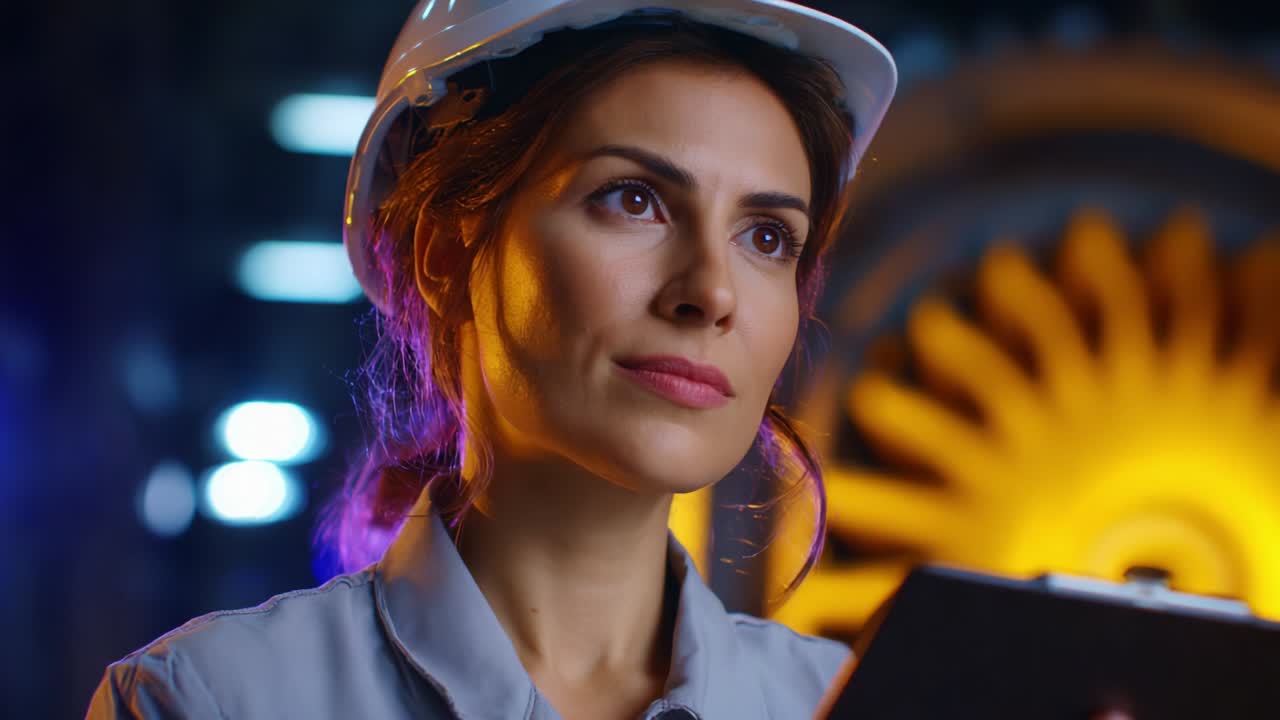 A determined female engineer wearing a safety helmet and holding a clipboard, focused on her work in an industrial environment with gears and machinery in the background, showcasing her professionalism and dedication