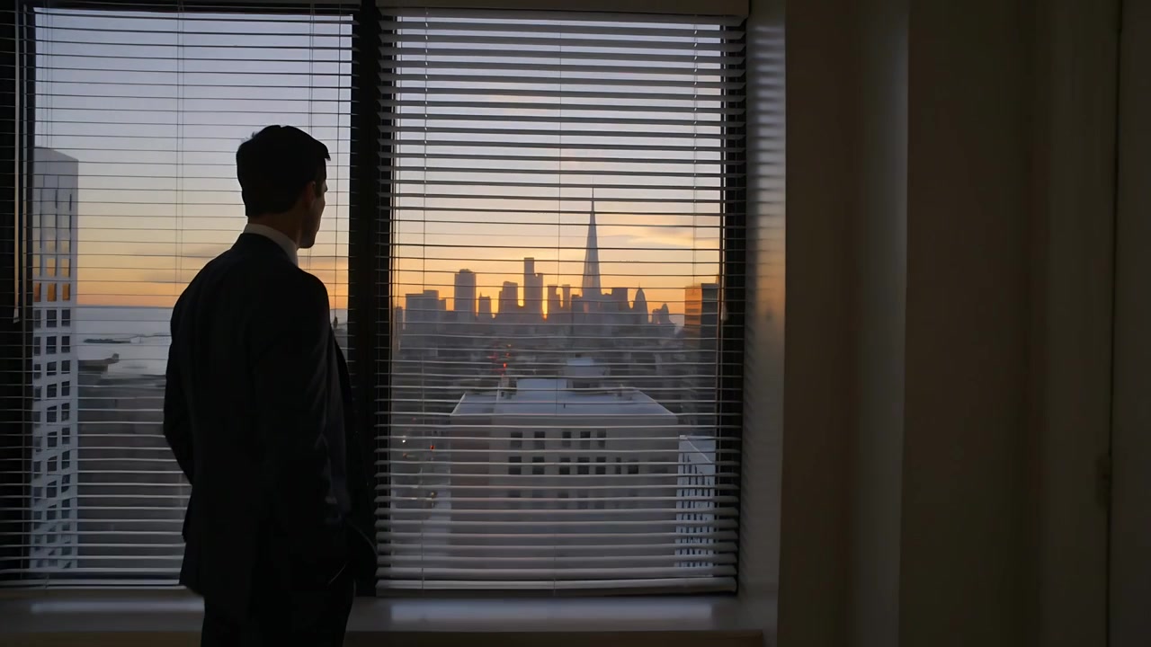 Entering man in dark suit pausing at window, looking through venetian blinds toward skyline sunrise