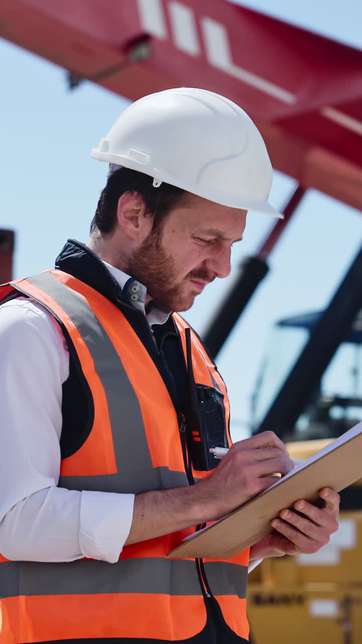 Engineer in Hard Hat Writing on Clipboard at Industrial Site