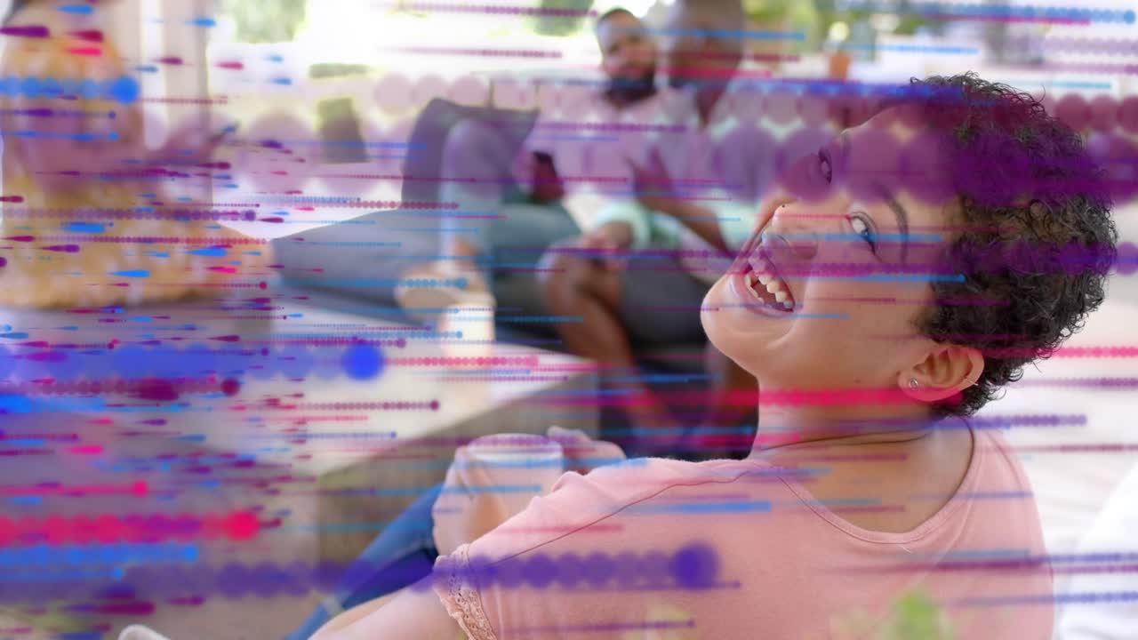 Front woman with mug turning smiling as friend tapping phone building colored streaks for marketing