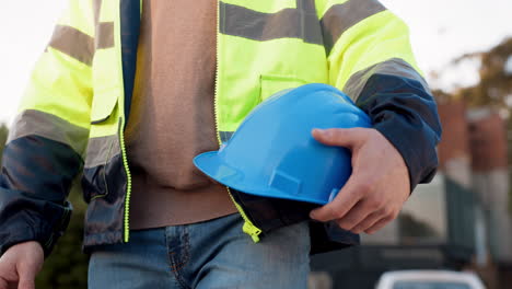 man, construction worker and helmet in hand