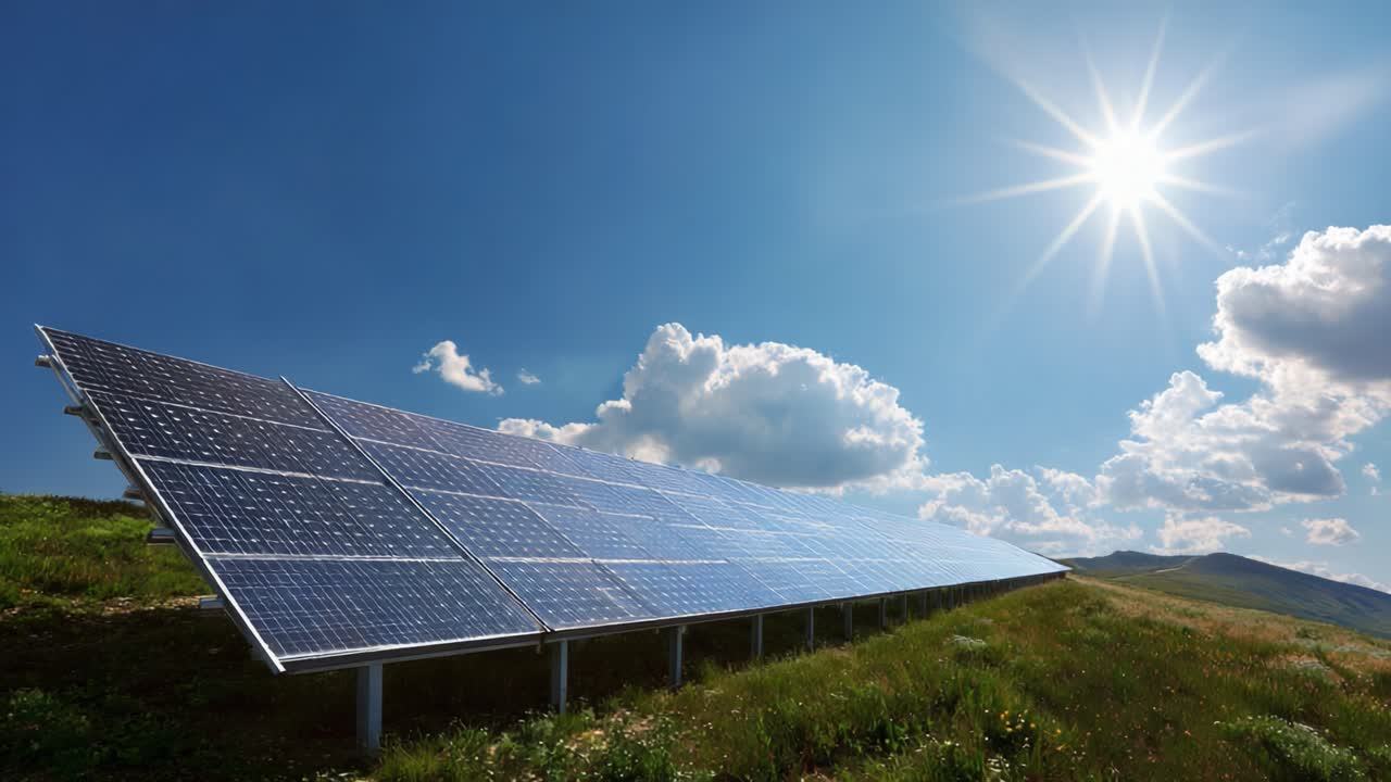 A Bright Future: Solar Panels Harnessing Renewable Energy Under a Clear Blue Sky with Radiant Sunlight Shining on Lush Greenery and Vibrant Cloudscapes