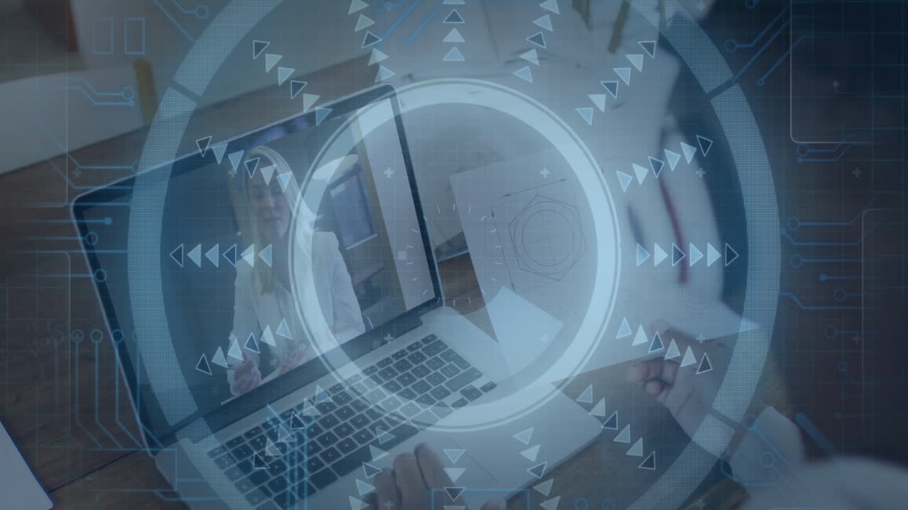 Animation of digital interface with arrows and circles on laptop screen during call