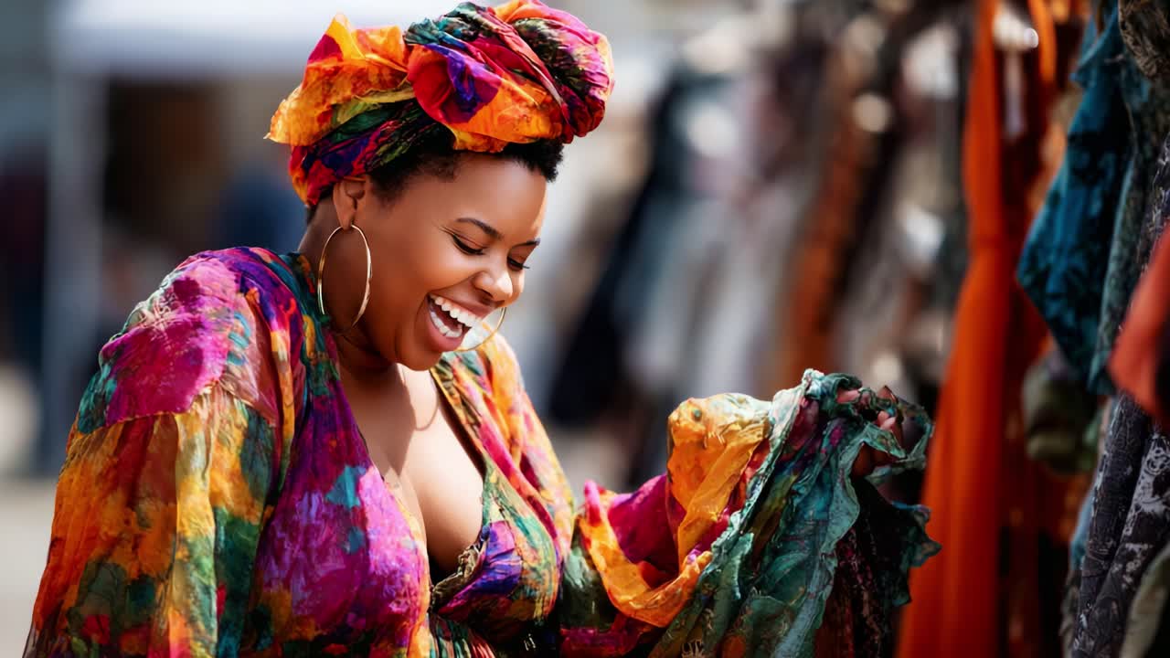 Uma mulher alegre, vestida com roupas vibrantes, examina tecidos coloridos em um mercado, irradiando felicidade e abraçando a moda em tecidos deslumbrantes sob um céu claro