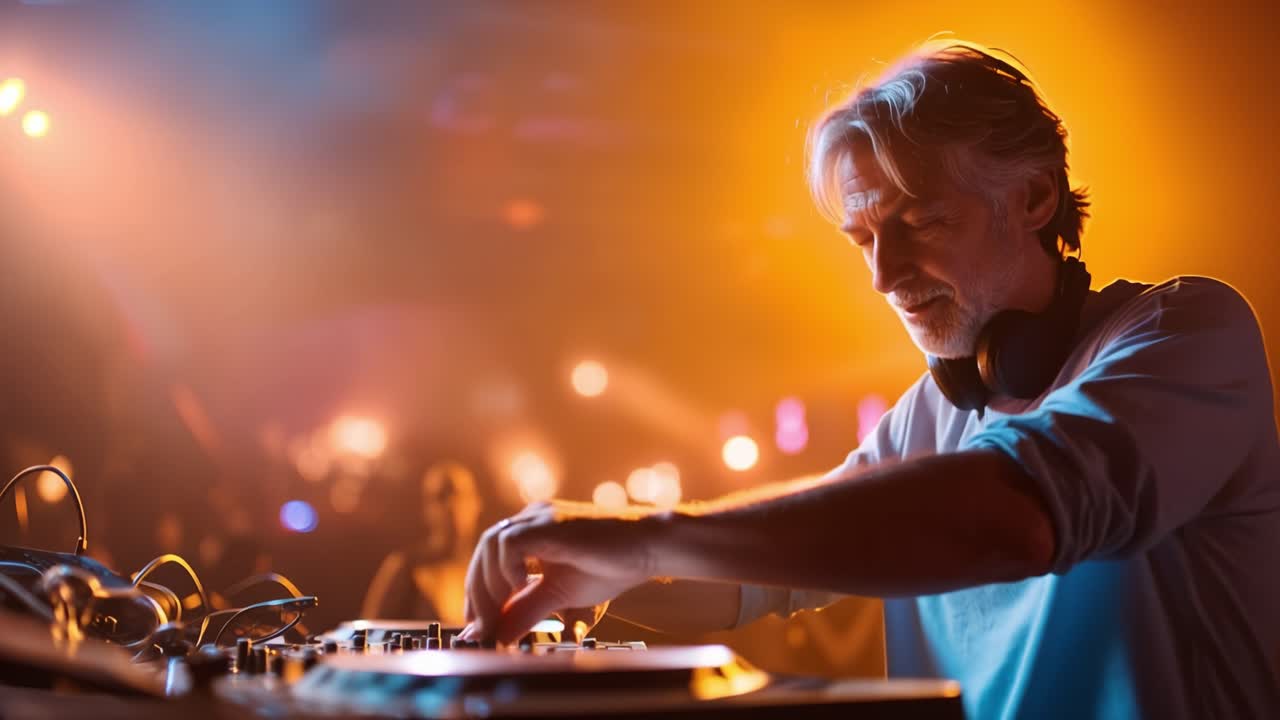 DJ regola le manopole sotto luci di scena calde e dinamiche. La sua concentrazione e calma contrastano con lo sfondo pulsante e colorato. Ideale per immagini di musica, vita notturna o promozione di eventi