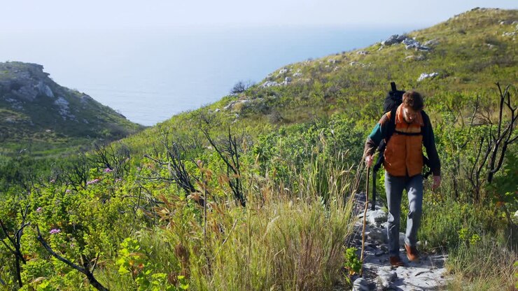 Excursionista caminando con mochila en el campo 4k