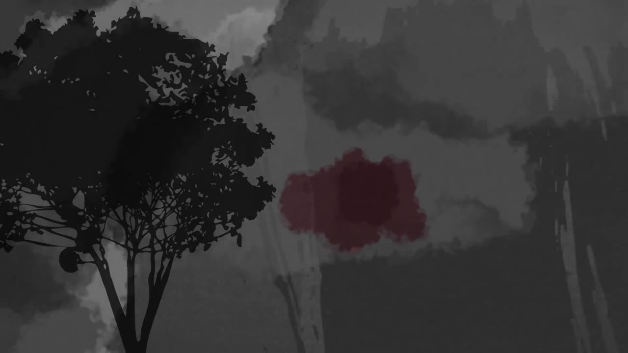 회색 배경에 있는 나무 실루 위에 움직이는 모양의 애니메이션