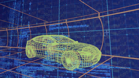 Animación-De-Conducción-De-Dibujos-De-Automóviles-En-3D-Con-Procesamiento-De-Datos-Sobre-Cuadrícula.