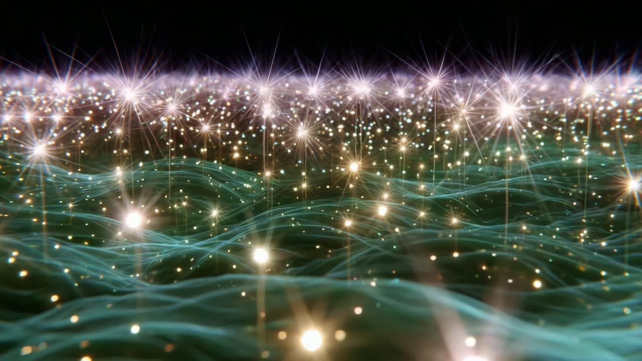 A mesmerizing display of shimmering waves and sparkling light against a dark backdrop, creating a captivating visual of undulating forms and vibrant luminosity, inviting the viewer into a dreamlike universe