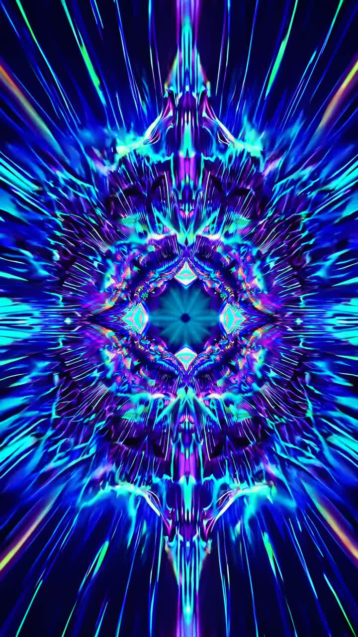 A kaleidoscopic video effect with vibrant blue and purple neon lights
