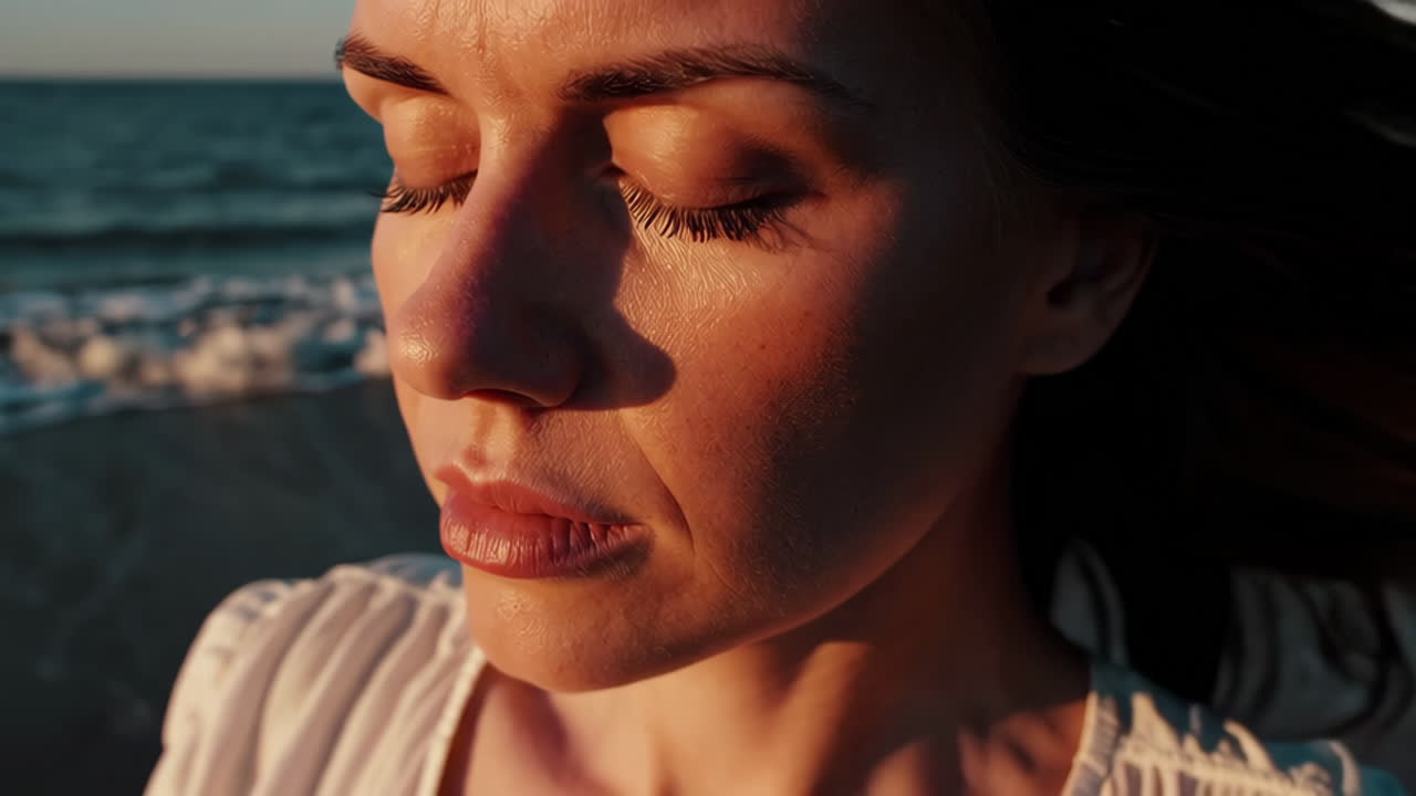mujer en la playa al atardecer