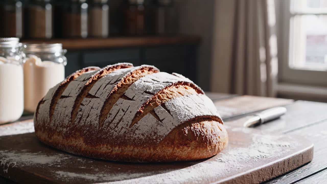 Close-up video shot of rustic bread on a wooden table, showcasing its crusty texture and flour