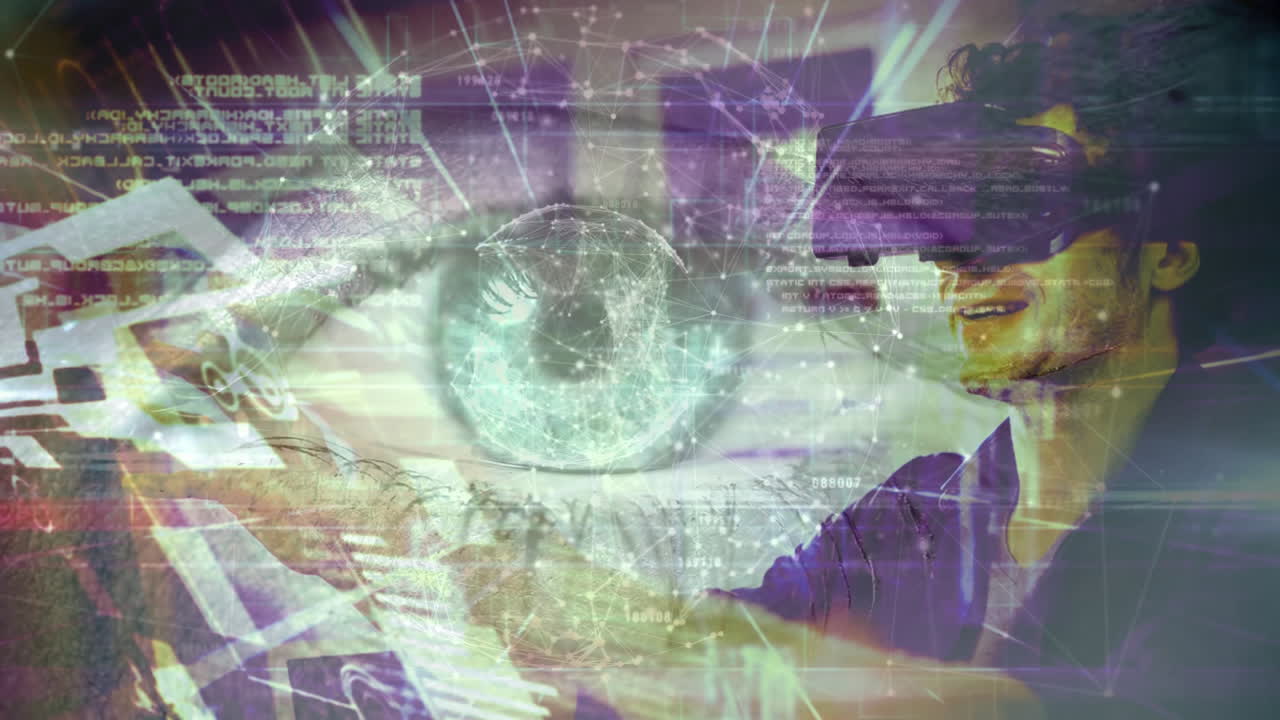 composición científica ojo animado combinado con el hombre usando realidad aumentada