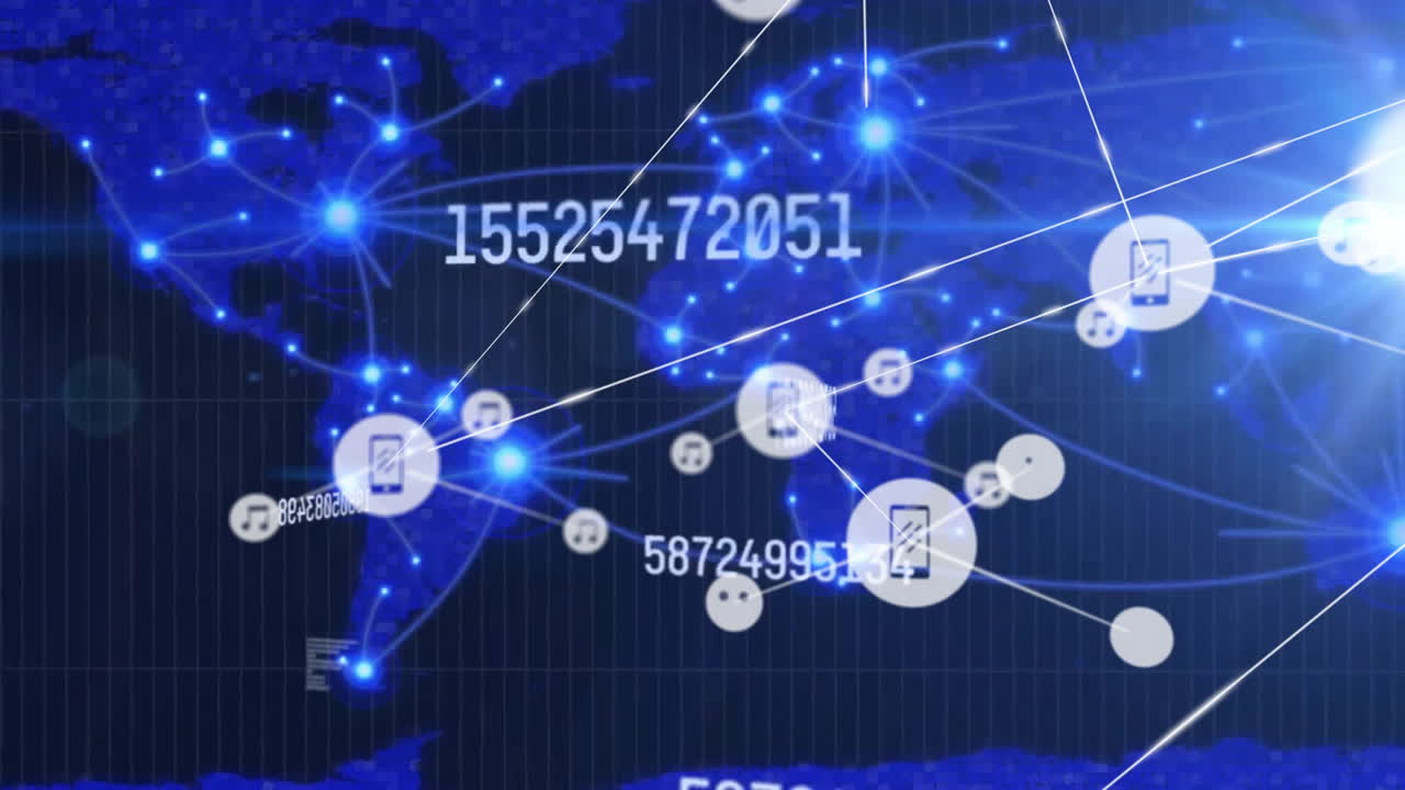 세계 지도를 통해 아이콘과 데이터 처리를 가진 연결 네트워크의 애니메이션