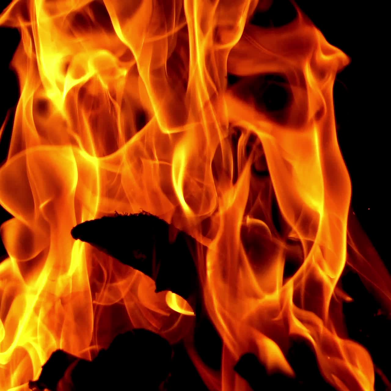 Burning fire. Bright burning wood slow motion. Splashes of flame and live coals.