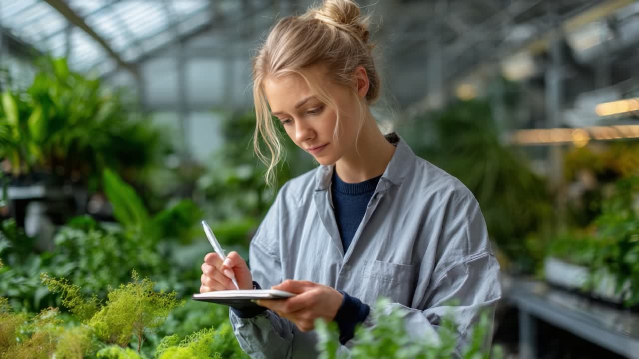 A young woman diligently takes notes on her clipboard in a lush greenhouse filled with various plants, showcasing her passion for horticulture and environmental care