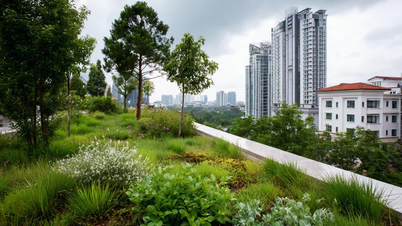 Jardim urbano na cobertura com vista para arranha-céus e paisagem urbana, apresentando vegetação diversificada e elementos naturais em um ambiente moderno