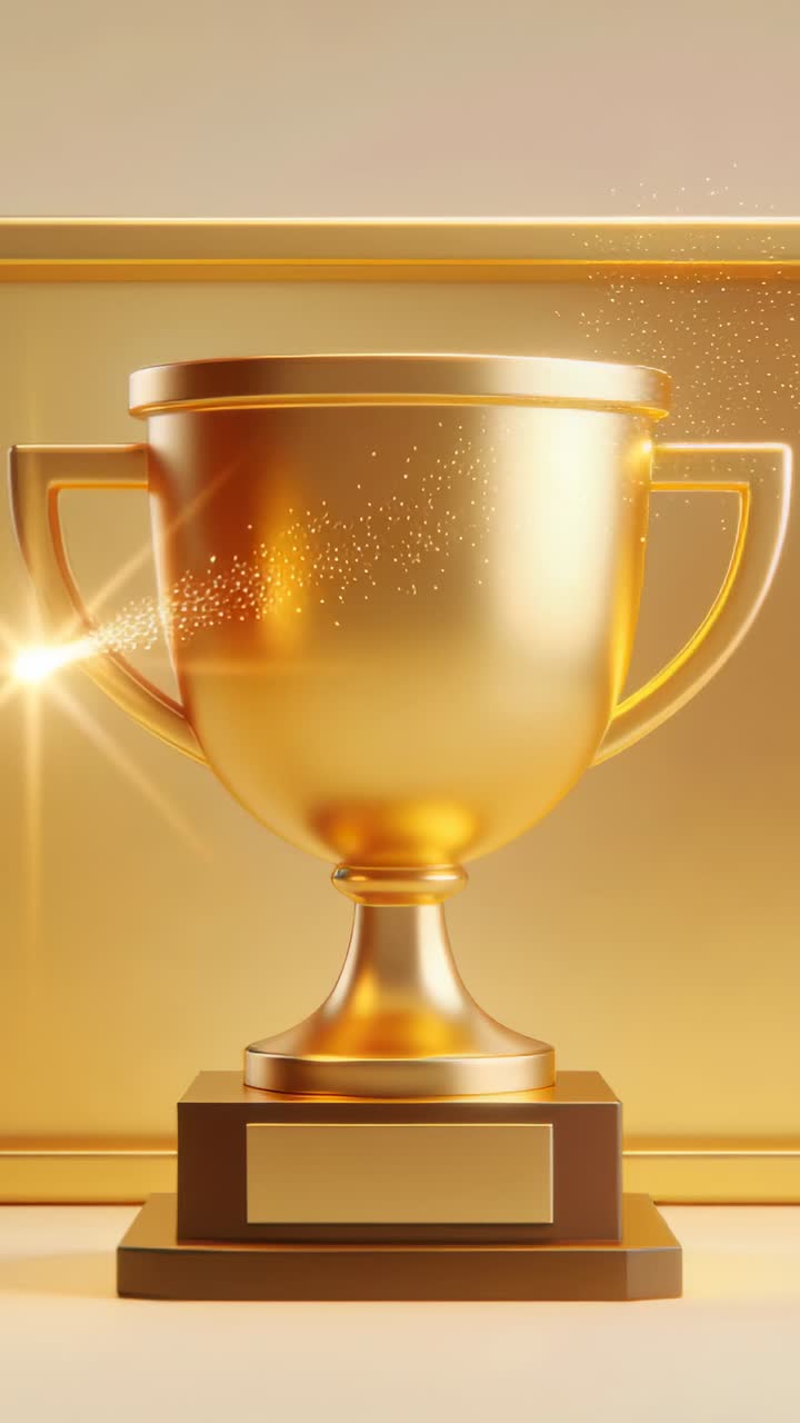 Vertical video: Glinting gold trophy catching flare for show on base with glitter