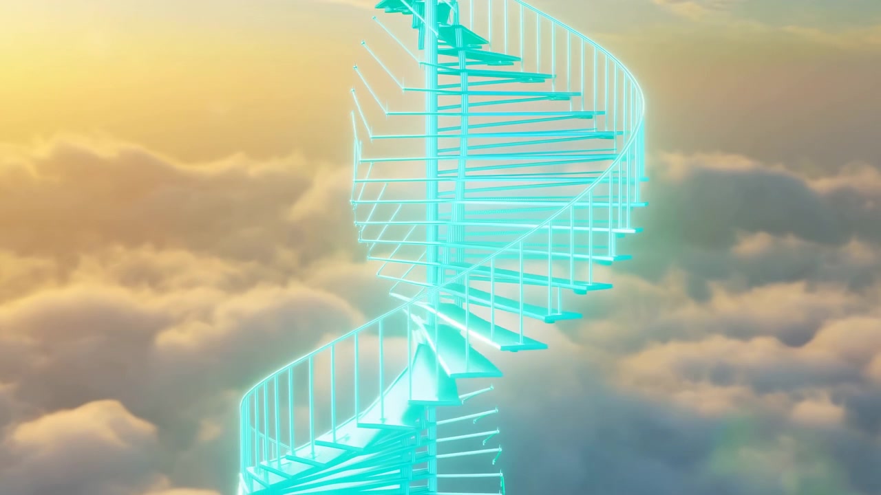 An abstract turquoise helix glows in the sky above soft cloud layers, with warm sunset light and a dreamy atmospheric horizon creating a futuristic and serene