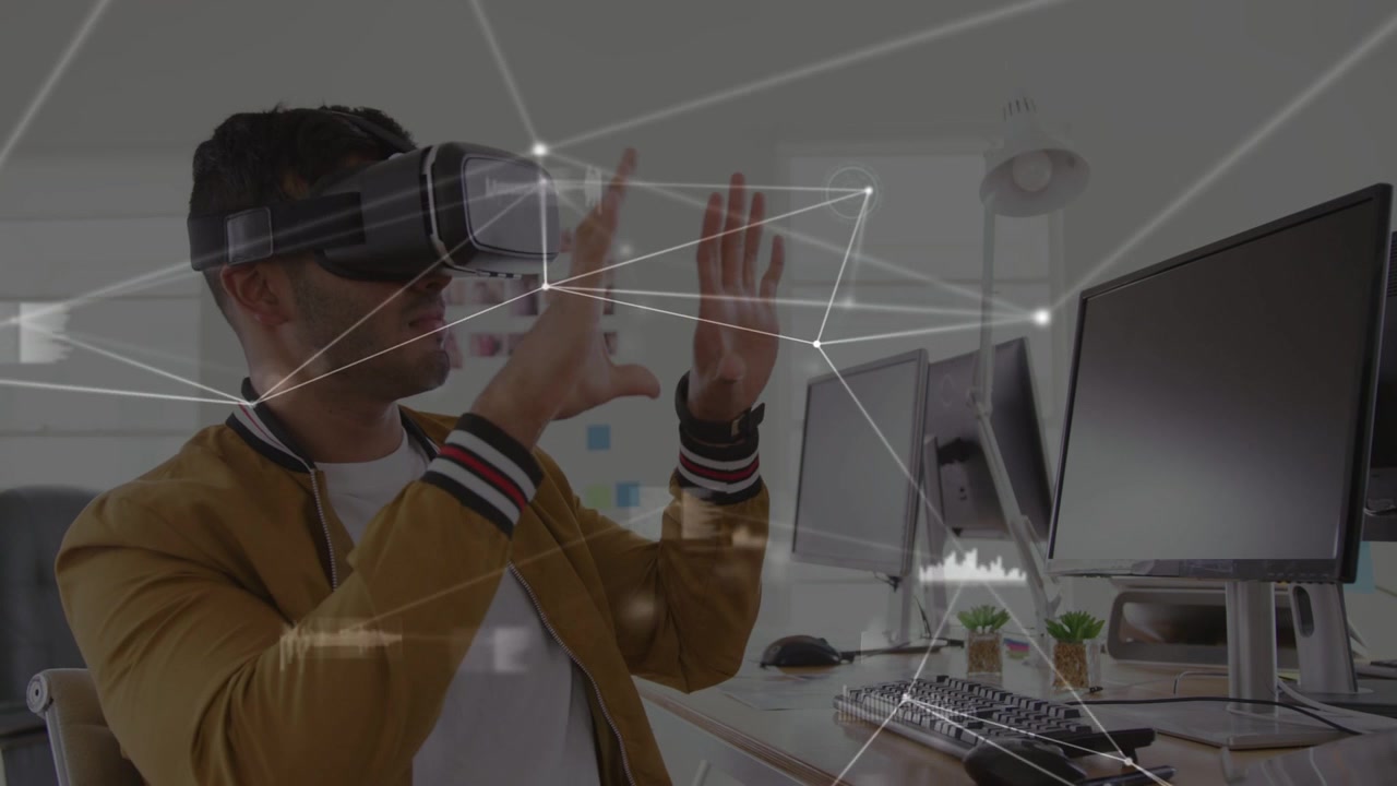 Vertical video: Man adjusting VR headset, tapping control and manipulating HUD for UI testing