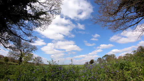 a time lapse of a spring sky flowing over green fields and hedgerows in worcestershire, england