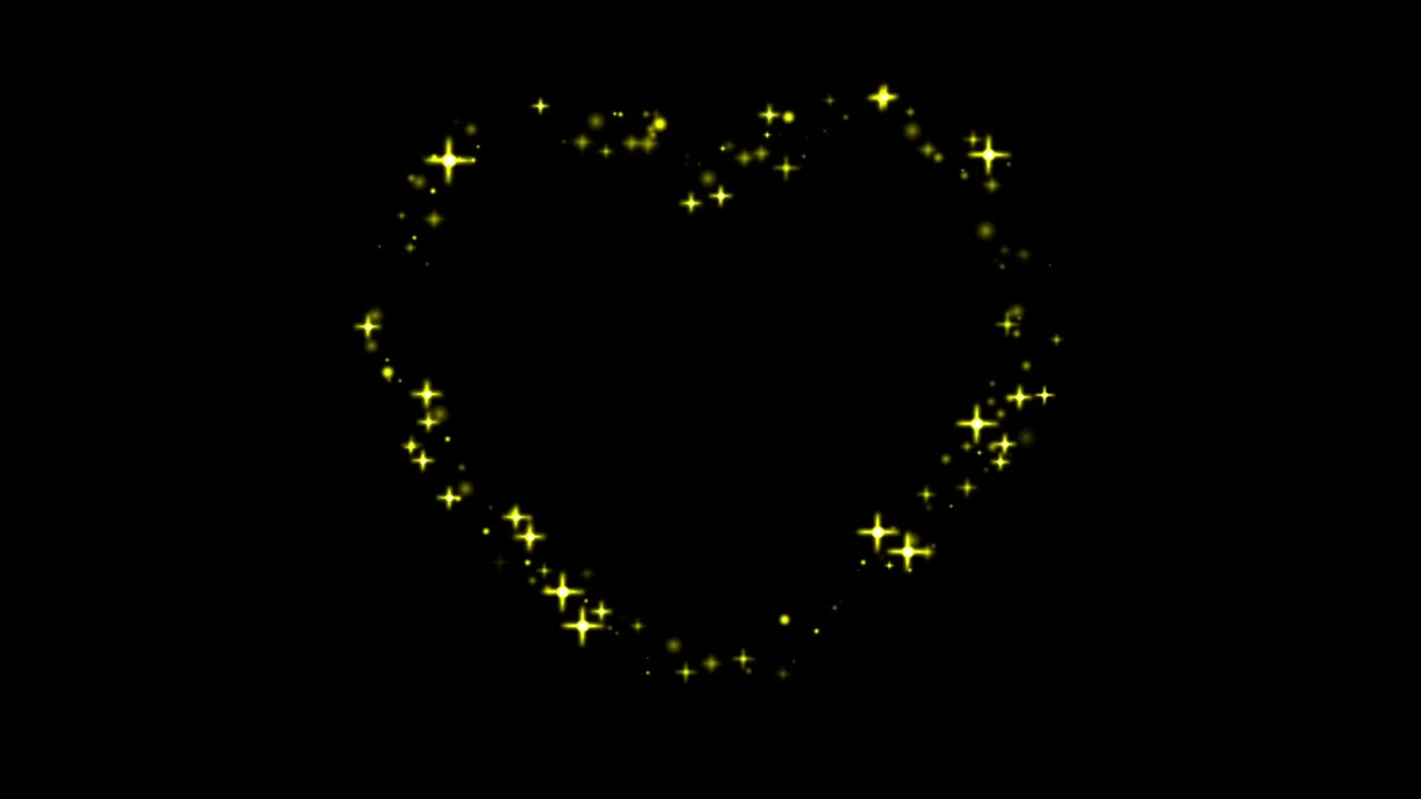 애니메이션 노란색 빛은 검은색 배경에 심장 모양을 반인다.