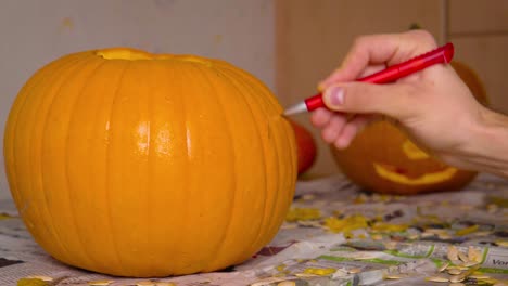 calabaza carvin dibujo macho cara espeluznante de jack o'lantern en calabaza con bolígrafo preparándose para tallar la decoración de halloween