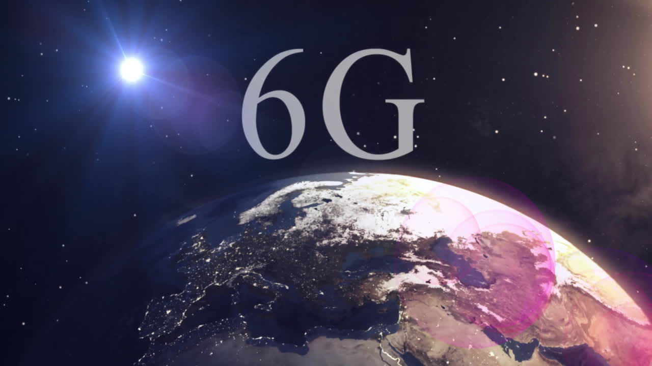 animación de texto de 6g sobre el globo con puntos de luz en fondo negro