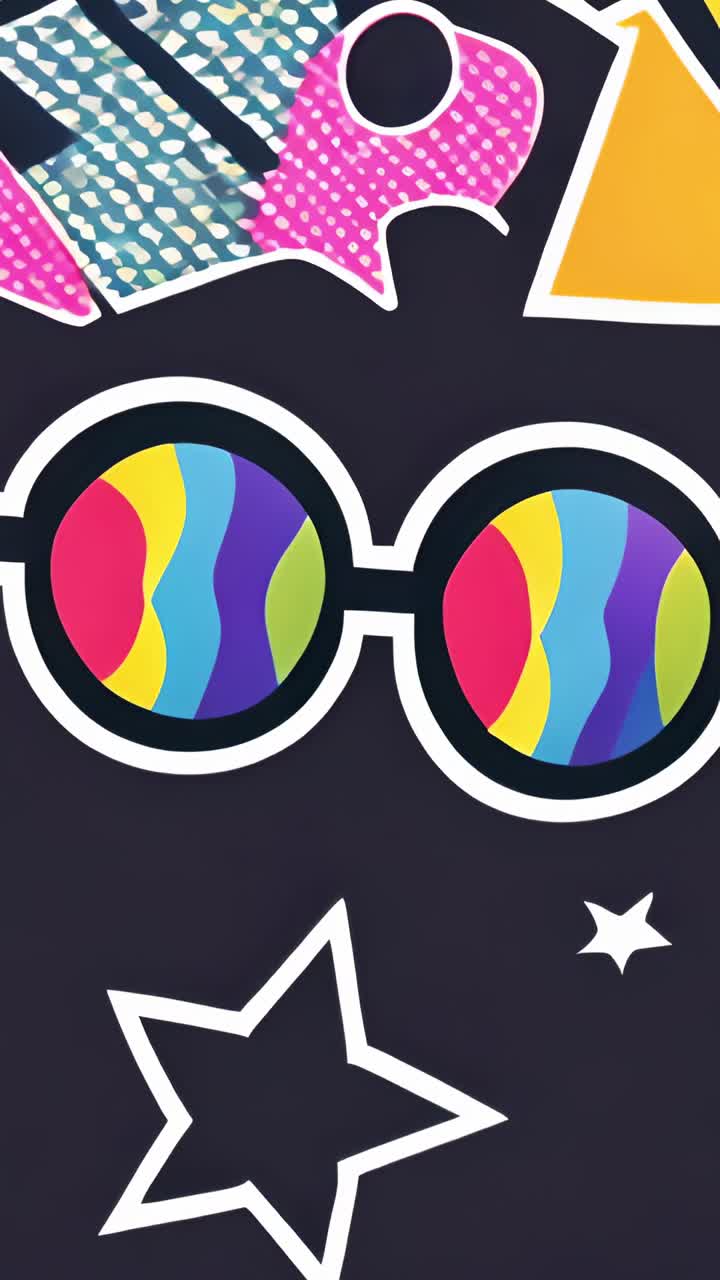 Vertical video: Sliding patches by glasses with rainbow lenses on purple, black star, white stars