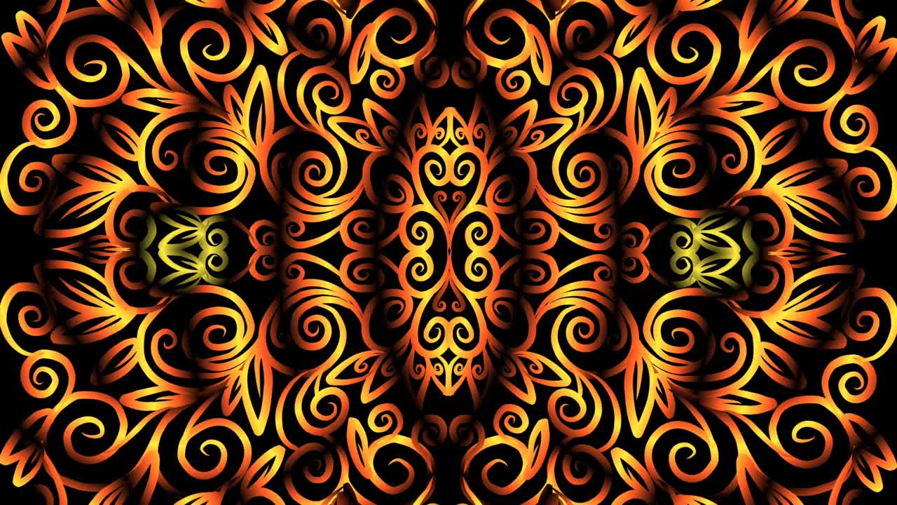 Círculo continuo sin fisuras, patrón artístico floral degradado de caleidoscopio en color dorado lujoso, con ornamento étnico dayak de batik tenun tradicional de la cultura indonesia sobre fondo negro.